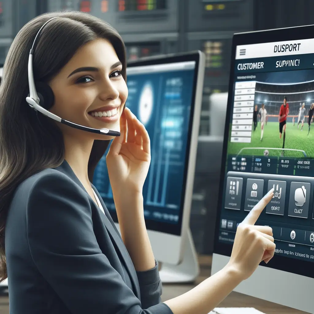 The second image depicts a customer service representative assisting a client. The representative, a smiling young woman, is using a headset and pointing at a computer screen displaying the sportsbook interface in a modern office setting. This scene underscores the importance of effective customer support in enhancing the online betting experience.