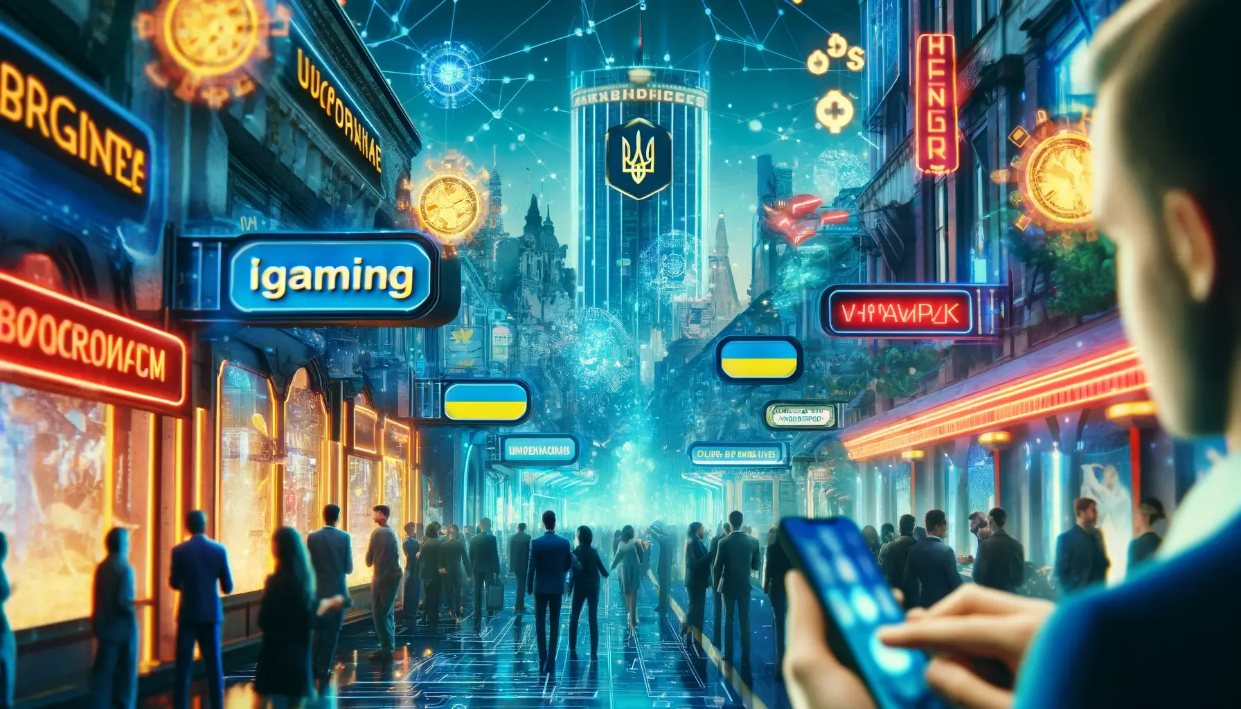 This image depicts a diverse group of people in Kyiv, engaged in various digital games, highlighting the growth and innovation in the iGaming sector.