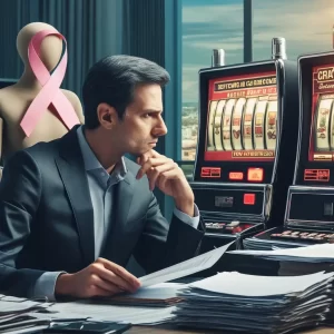 An investigator examines files related to a slot machine operator in an office setting. The scene captures the seriousness and scrutiny of the investigation.