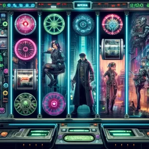 An image depicting the new online slot game interface for "Cyberpunk City", showcasing a futuristic, high-tech urban environment with neon lights and cyberpunk elements.