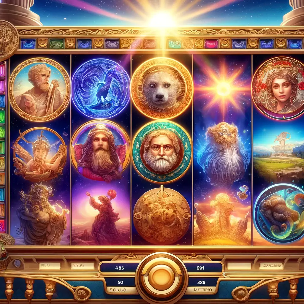 An illustration of the new online slot game interface for "Eternal Riches", featuring an ancient mythology theme with rich decorations and mystical artifacts.