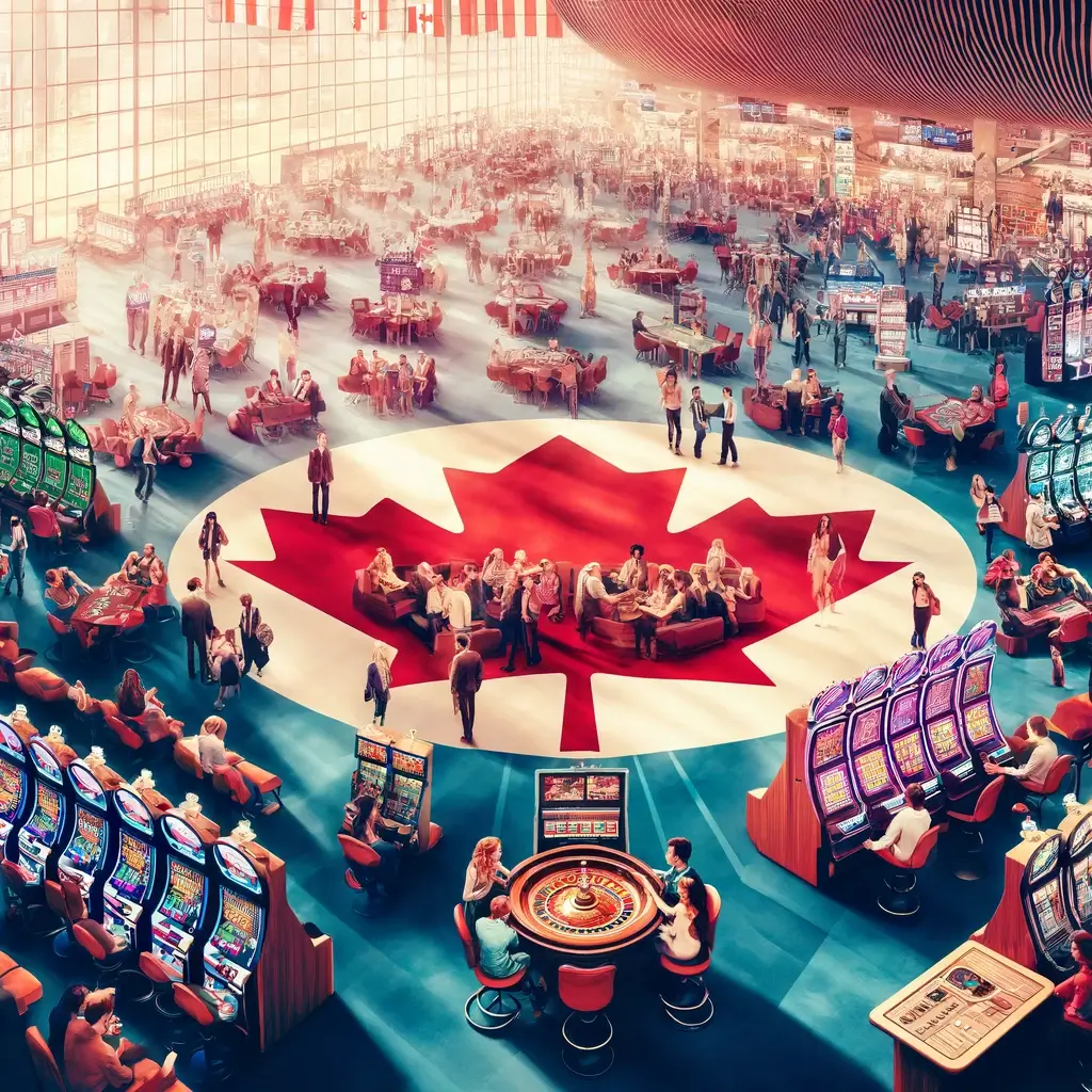 This image captures the vibrant atmosphere of a Canadian casino, filled with a variety of gambling activities and a diverse crowd, illustrating the excitement of Canada's gambling scene.