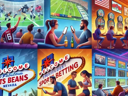 People in different states engaging in sports betting activities, including fans watching games on large screens, individuals placing bets on mobile devices, and a vibrant sportsbook environment. States like New Jersey, Nevada, Pennsylvania, Illinois, and New York are highlighted with more detailed scenes.