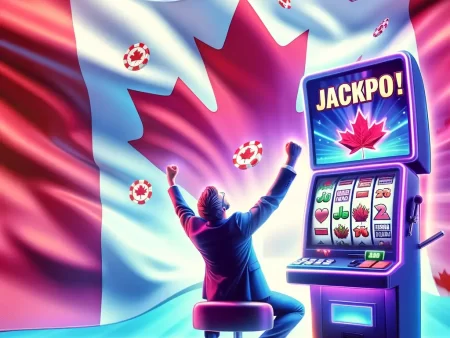 A vibrant image of a person celebrating a big win on a slot machine in an online casino, with Canadian icons such as the maple leaf and flag in the background. The slot machine screen shows winning symbols and a jackpot.