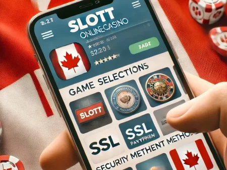 Mobile phone displaying the Slott online casino app with game selections and Canadian symbols in the background.