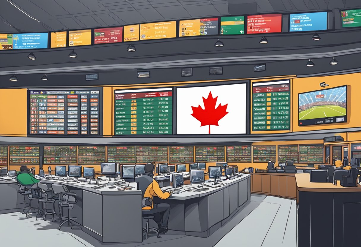 A crowded sportsbook with multiple TV screens showing various Canadian sports events. Betting slips and pens scattered on the counter