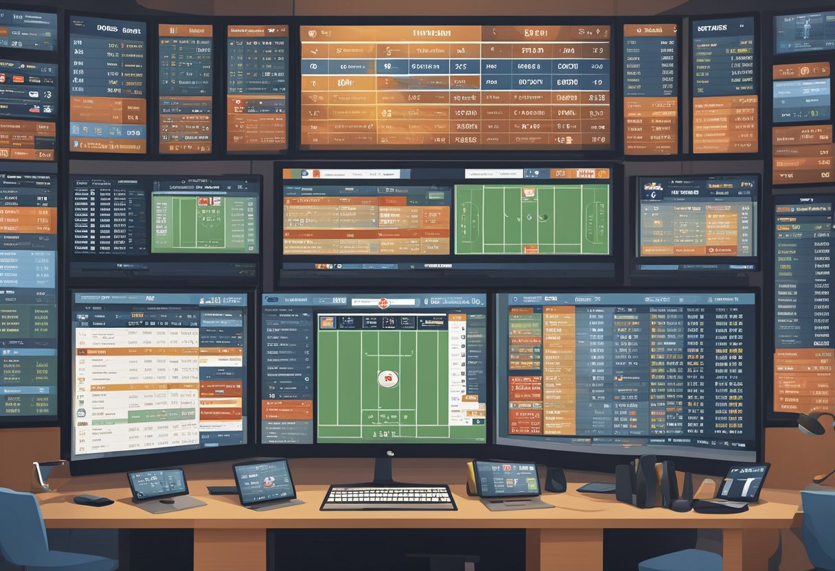 A sportsbook with multiple screens displaying Canadian sports teams and odds for advanced parlay betting