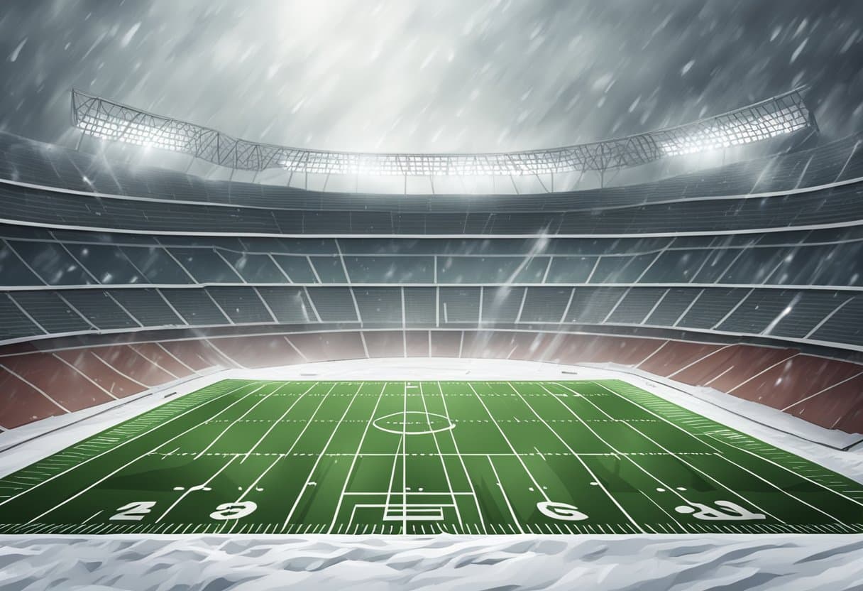 A football field with Canadian stadium in the background, surrounded by weather elements such as rain, wind, and snow