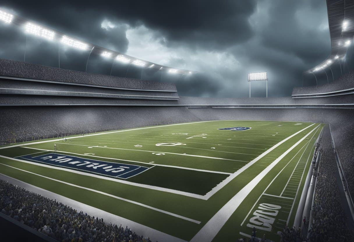A stormy sky looms over a Canadian football stadium, with strong winds and rain impacting the game. The field is slick, and players struggle to maintain their footing