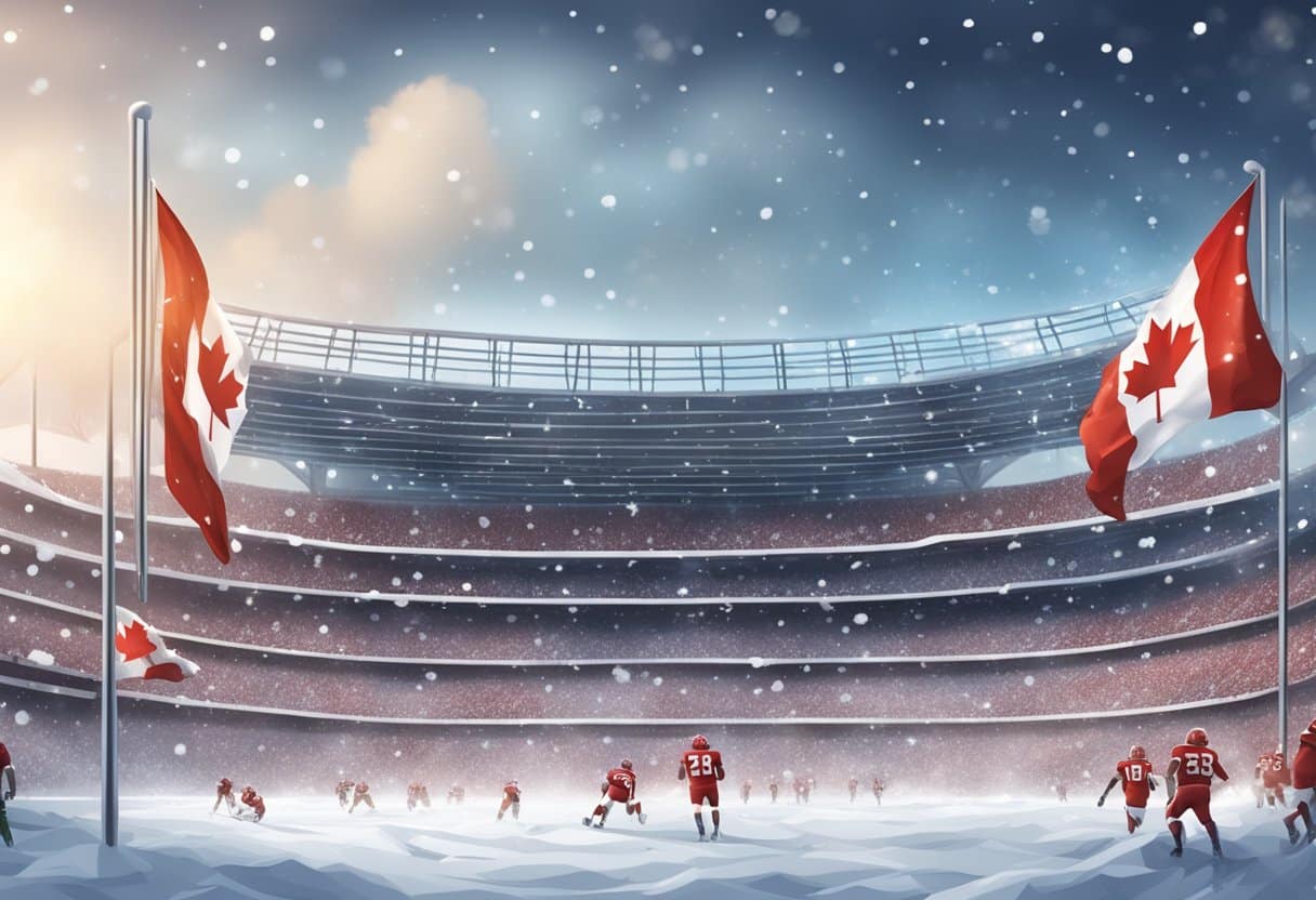 A snowy Canadian football stadium with wind blowing flags and snowflakes during a game