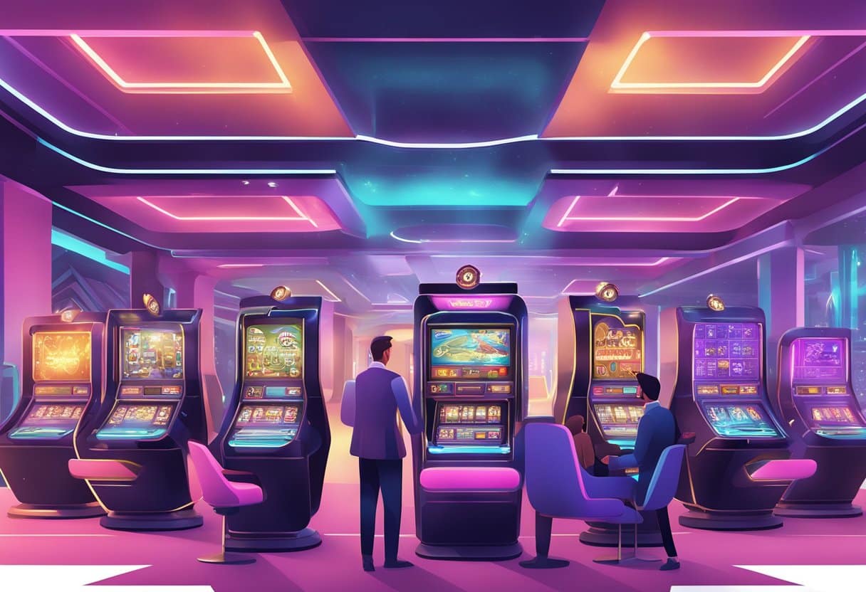 A futuristic casino setting with sleek digital screens displaying loyalty program rewards and patrons engaging with high-tech gaming machines