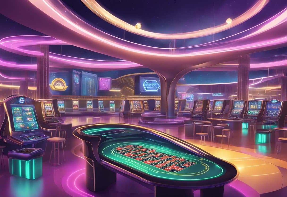 A futuristic casino with digital screens displaying financial instruments and loyalty program rewards