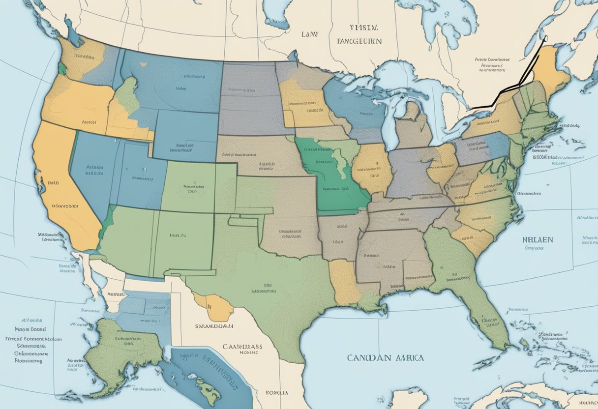 A map of North America with border lines highlighted, sports stadiums in major cities, and legal documents representing US and Canadian sports wagering laws