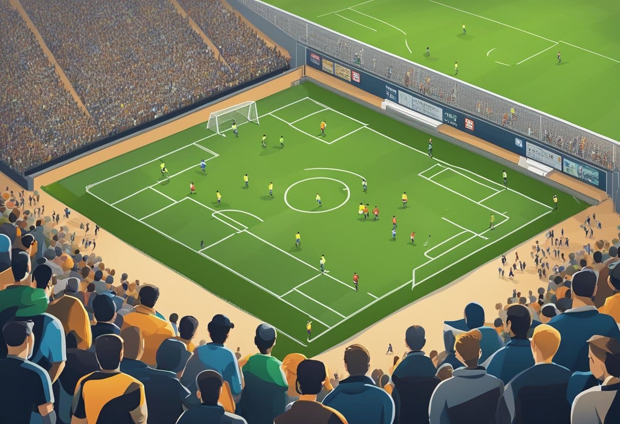 A soccer field with a Canadian Premier League match in progress, surrounded by enthusiastic fans and bookmakers analyzing statistics and odds