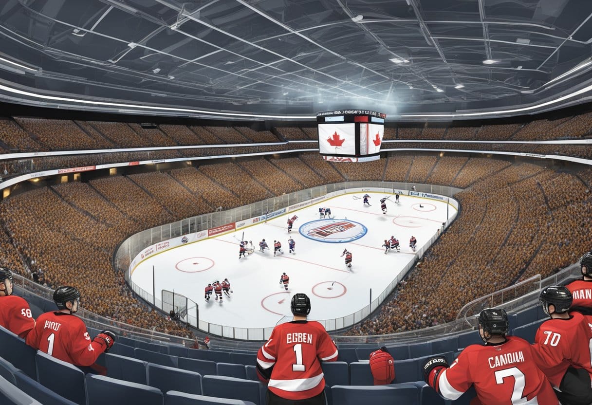 A packed hockey arena with Canadian team logos on the ice, fans cheering, and players strategizing on the bench