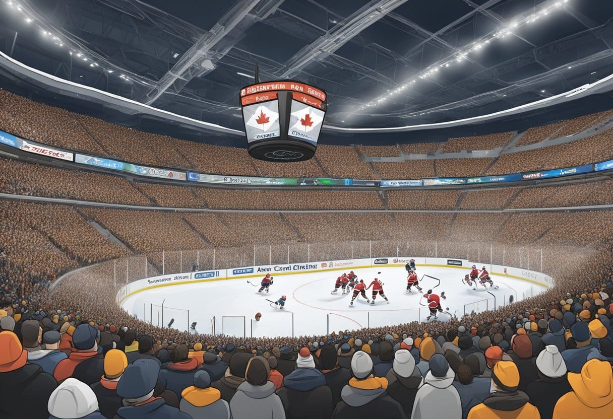 A hockey arena packed with cheering fans as a Canadian team scores a goal, showcasing the home ice advantage in NHL betting