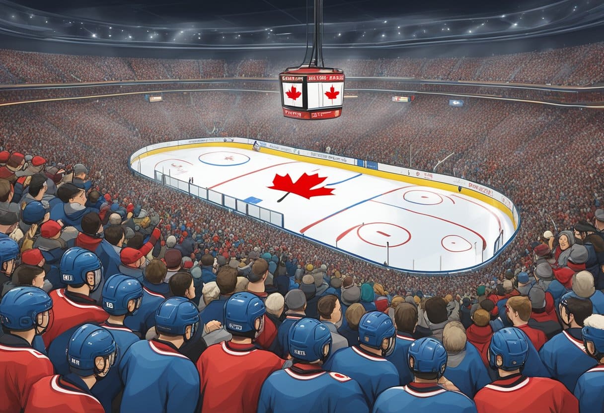 A hockey rink with Canadian team logos on the ice, surrounded by cheering fans in team colors