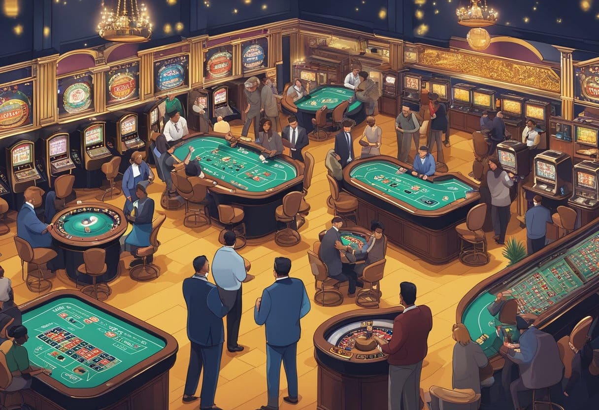A bustling casino floor with diverse patrons engaging in various games of chance, surrounded by signs promoting responsible gambling measures