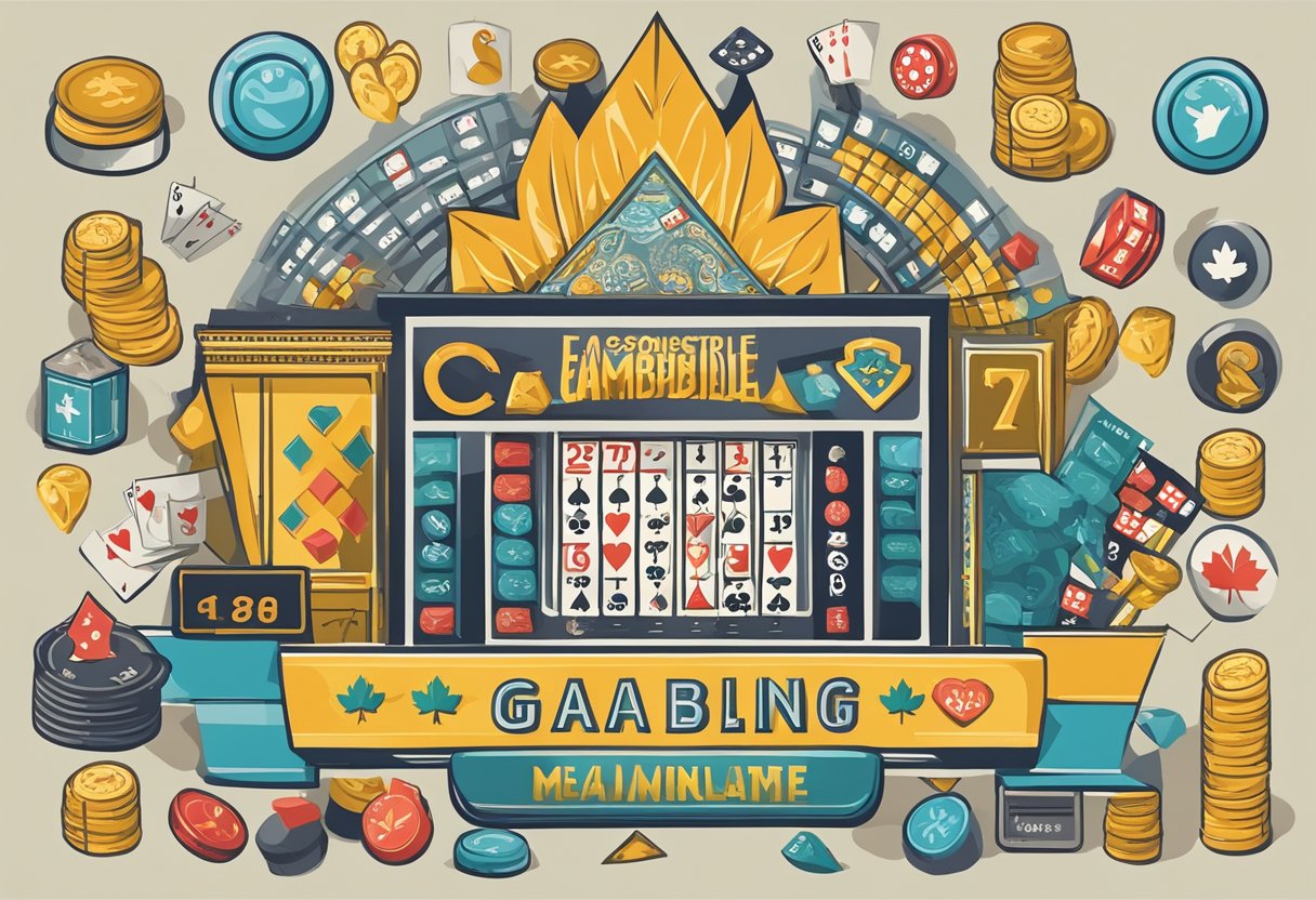 A colorful poster featuring a variety of gambling-related symbols and images, surrounded by bold text promoting responsible gambling measures in Canada