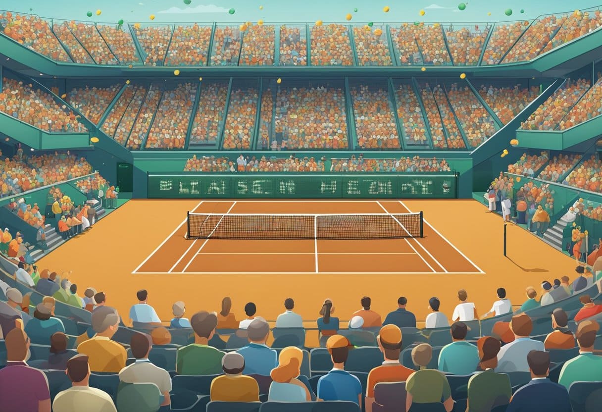 A tennis court with a net, surrounded by spectators, with betting odds displayed on screens