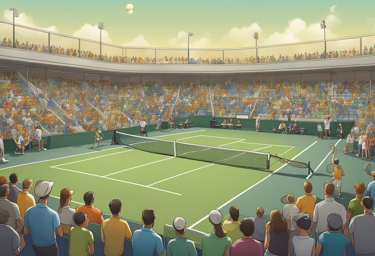 A tennis court with a net, ball, and scoreboard, surrounded by spectators and players