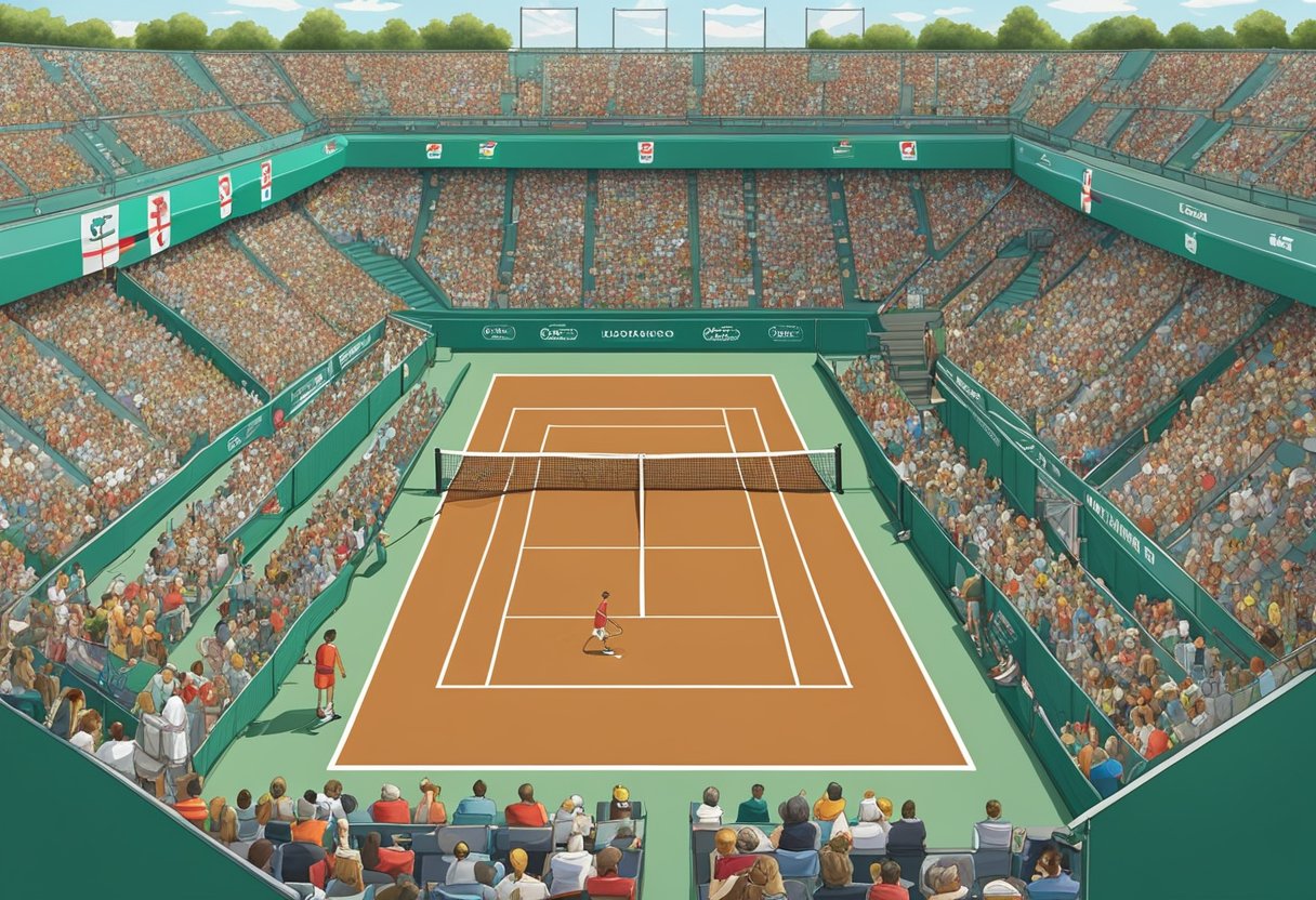 A tennis court with players competing, surrounded by spectators and banners for the Rogers Cup and Canadian Open