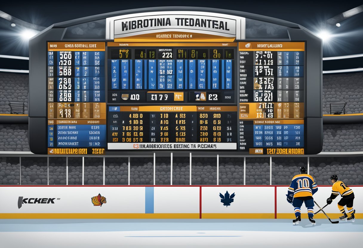 A hockey arena scoreboard displaying player statistics and odds for NHL prop betting