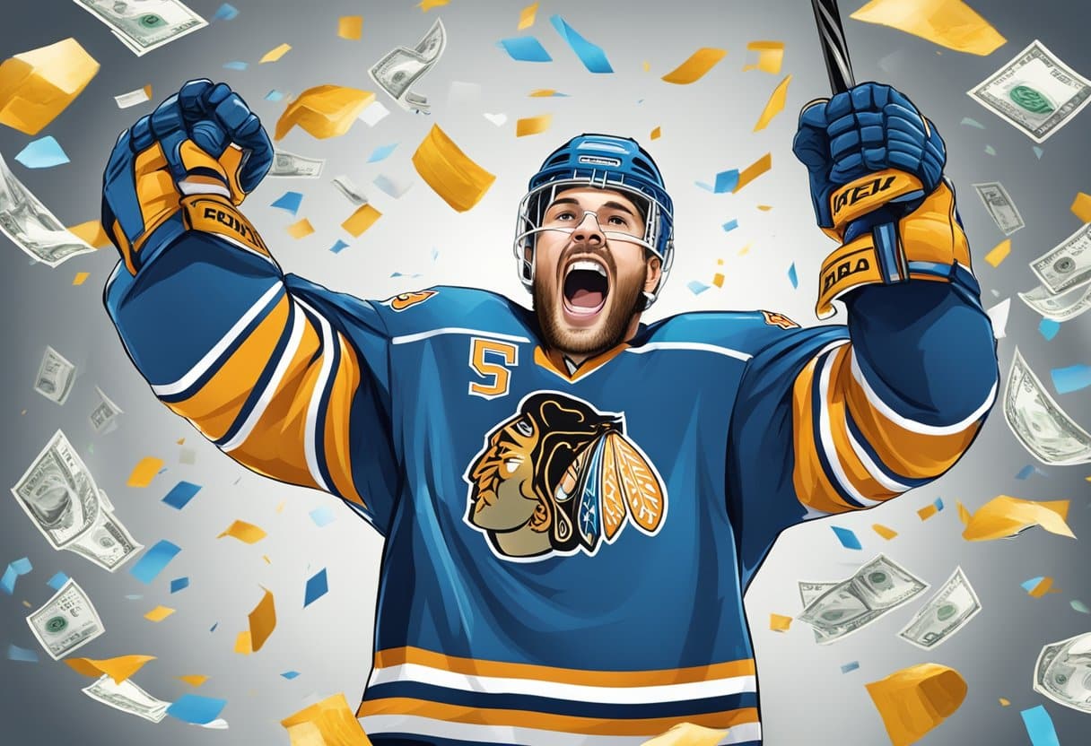 A hockey player celebrating with a large bonus check and promotional materials surrounding them