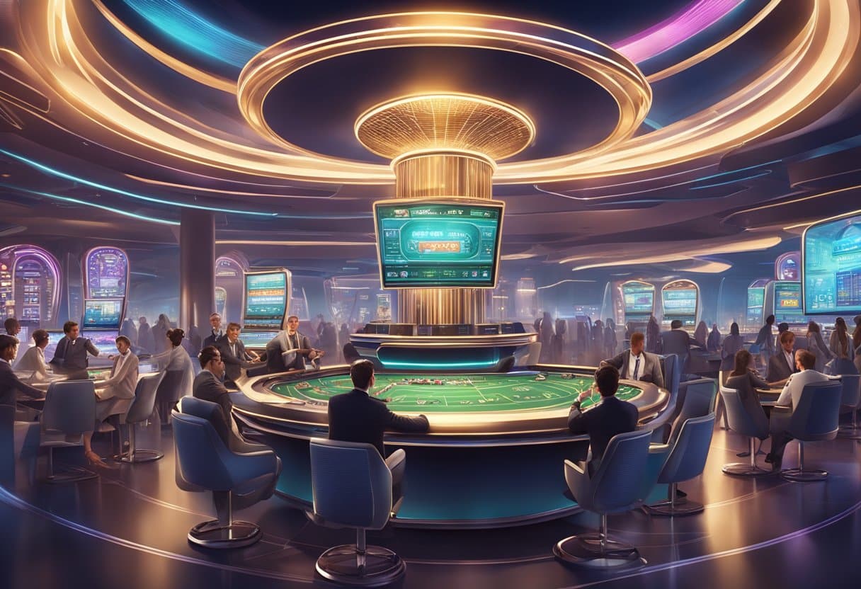 A futuristic casino setting with advanced technology and sleek, modern design, featuring live dealers interacting with players through high-tech interfaces