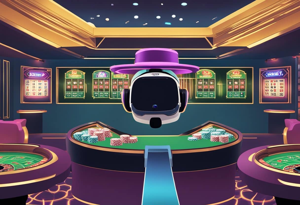 A virtual reality headset is being used in a live casino setting, with augmented reality elements enhancing the gaming experience