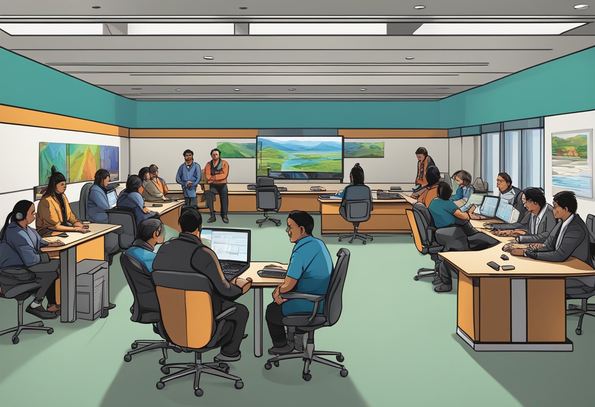 A modern First Nations gaming facility with regulatory documents and officials discussing market impact