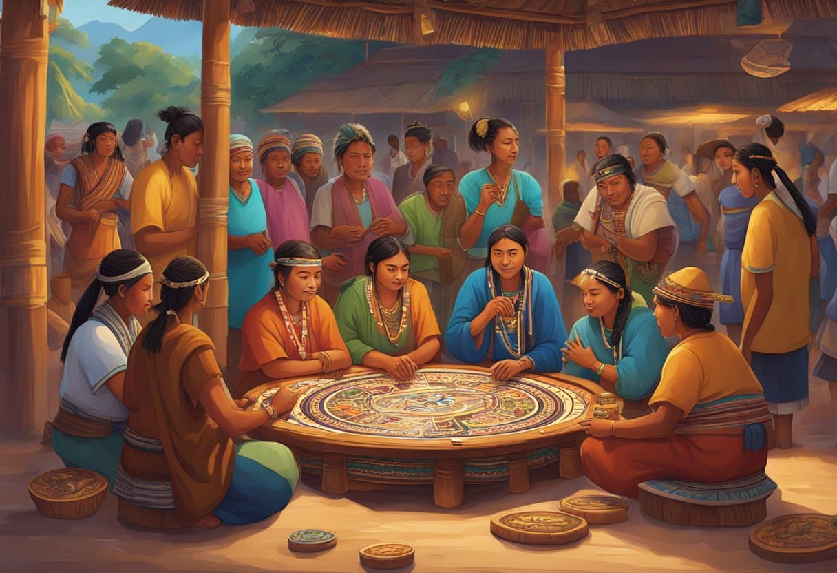 A group of Indigenous people gather around a traditional gaming table, adorned with intricate designs and symbols, as they engage in a game of chance. The scene is set within a vibrant and bustling market, with the sounds of laughter and conversation filling the air