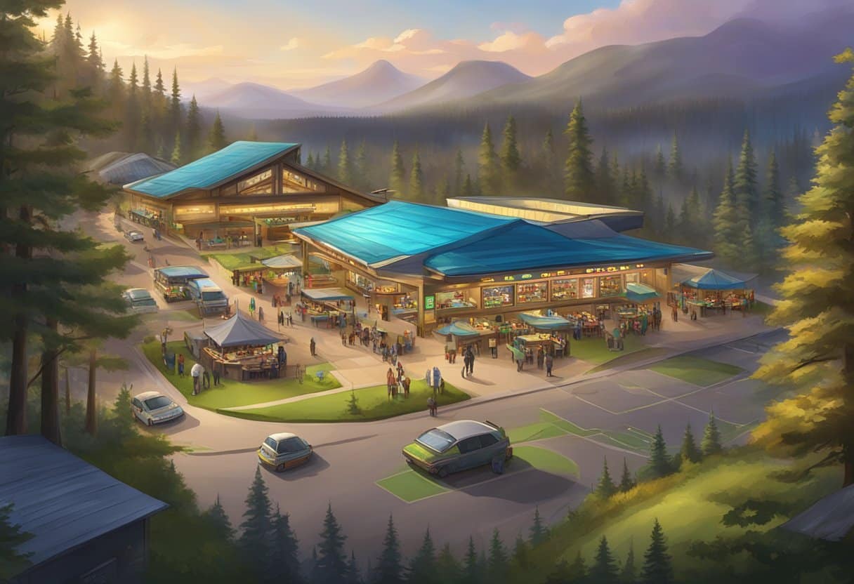 A bustling First Nations gaming facility with slot machines, card tables, and a sports betting area, surrounded by lush natural landscapes
