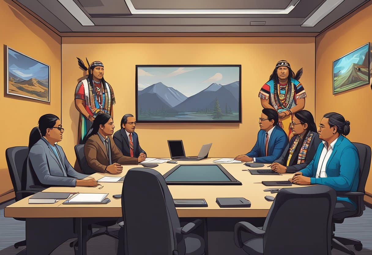 A group of First Nations leaders and government officials discussing gaming regulations and legal changes in a modern meeting room with traditional Indigenous artwork and symbols displayed on the walls
