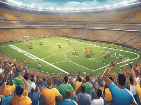 Crowd cheering in a large, brightly lit football stadium as two teams, one in yellow and one in white, play an exciting soccer match on the field. The stands are filled with enthusiastic fans.