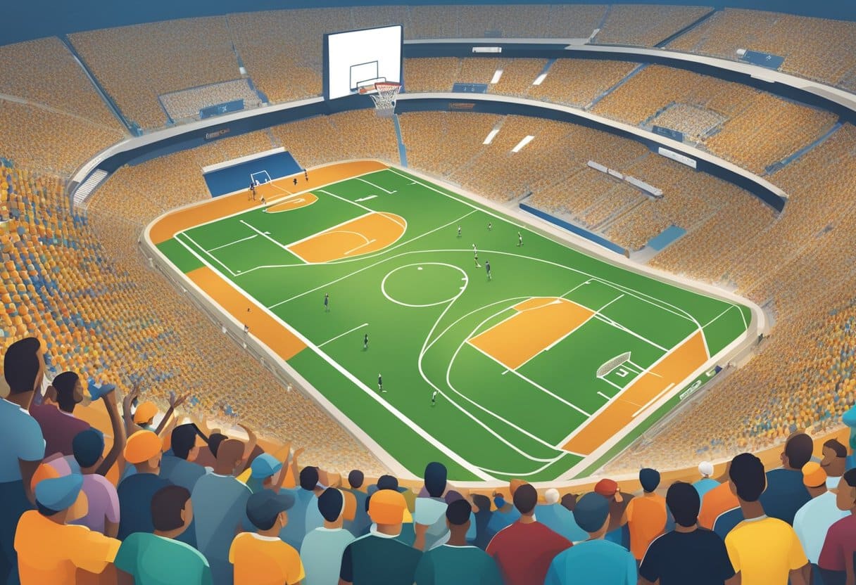 A crowded stadium with cheering fans, a football field with players in action, and a basketball court with intense gameplay