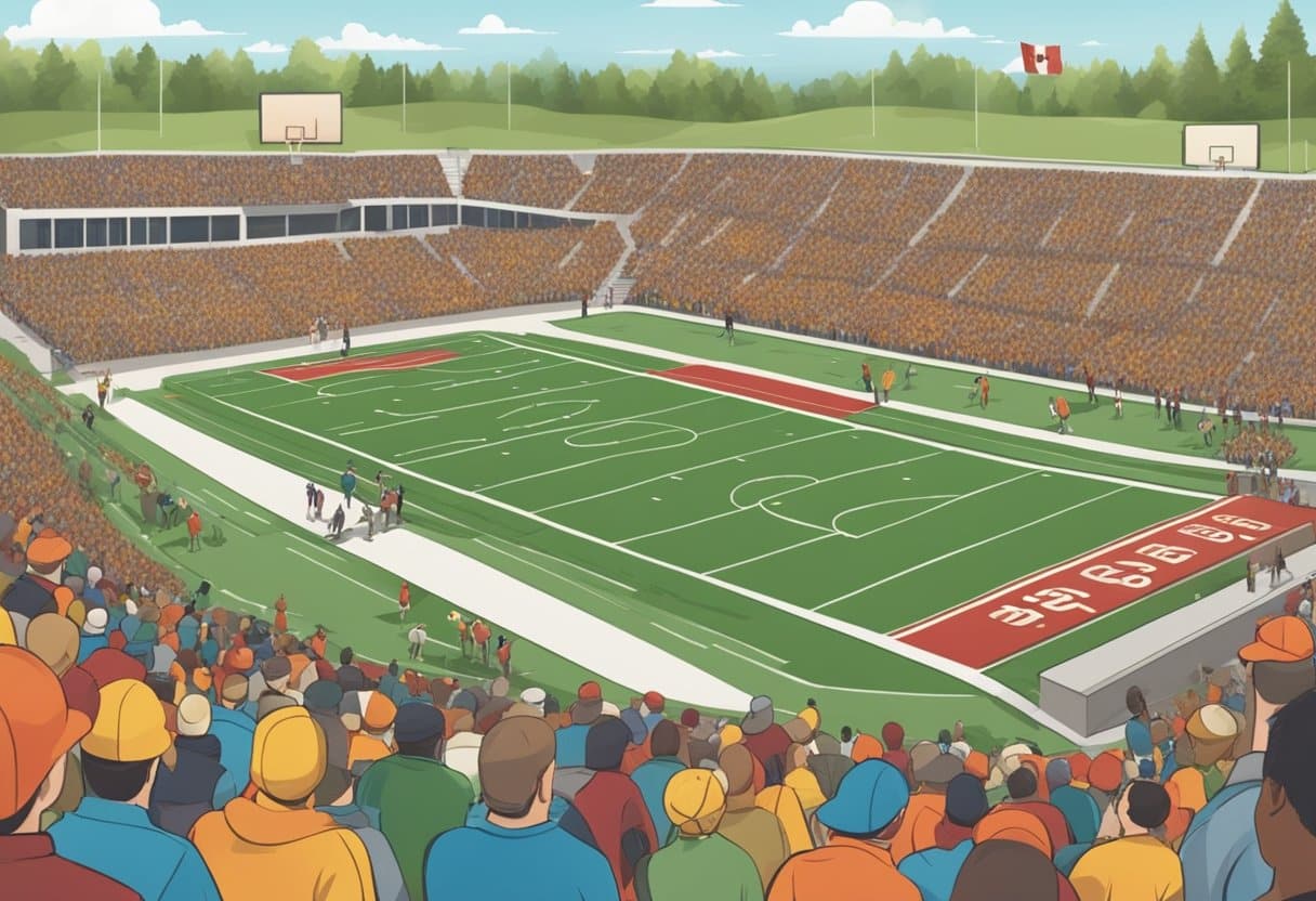 A football and basketball game being played on a Canadian university campus, with spectators in the stands and teams competing on the field and court