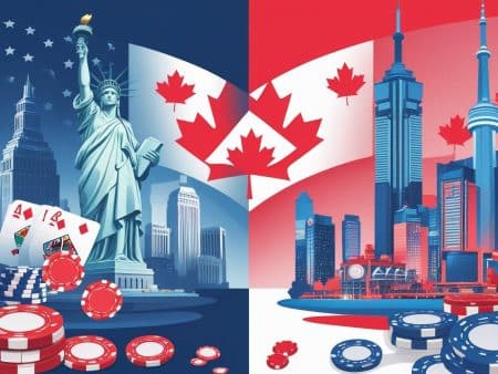 Split image of New York and Toronto skylines with poker chips and cards; left side shows the Statue of Liberty and US flag, right side shows Canadian icons and the Canadian flag, symbolizing gambling in the US and Canada.