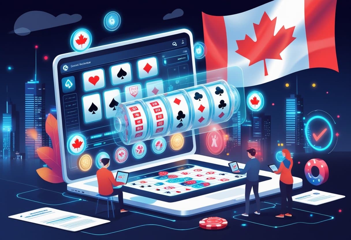 A futuristic scene showing people using digital devices with gambling icons and Canadian symbols, representing the future of online gambling and regulations in Canada.