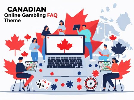 Illustration of people using laptops and tablets around a large laptop displaying a red maple leaf, with Canadian flags, casino chips, cards, and roulette wheel, symbolizing Canadian online gambling. Text reads Canadian Online Gambling FAQ Theme.