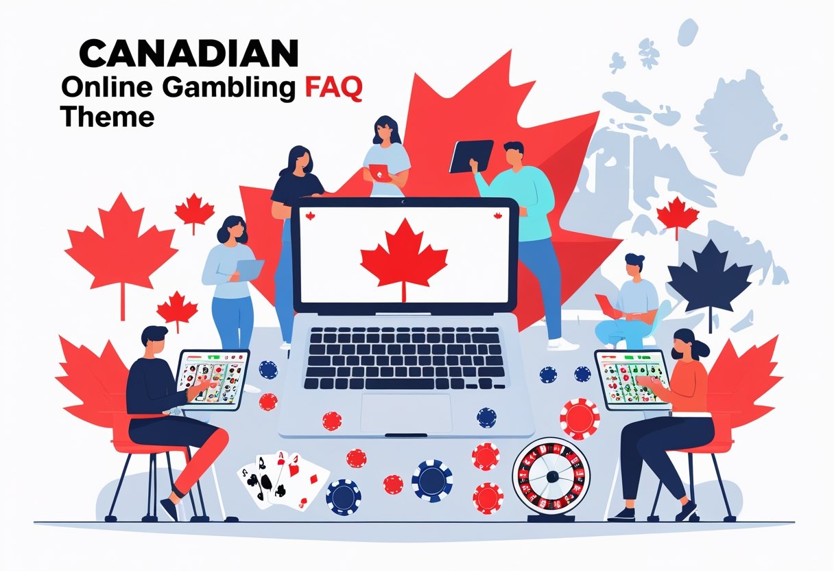 Illustration of people using laptops and tablets around a large laptop displaying a red maple leaf, with Canadian flags, casino chips, cards, and roulette wheel, symbolizing Canadian online gambling. Text reads Canadian Online Gambling FAQ Theme. - Online Gambling Canada A group of diverse people gathered around a laptop with Canadian symbols and gambling items like poker chips and cards on a clean desk.