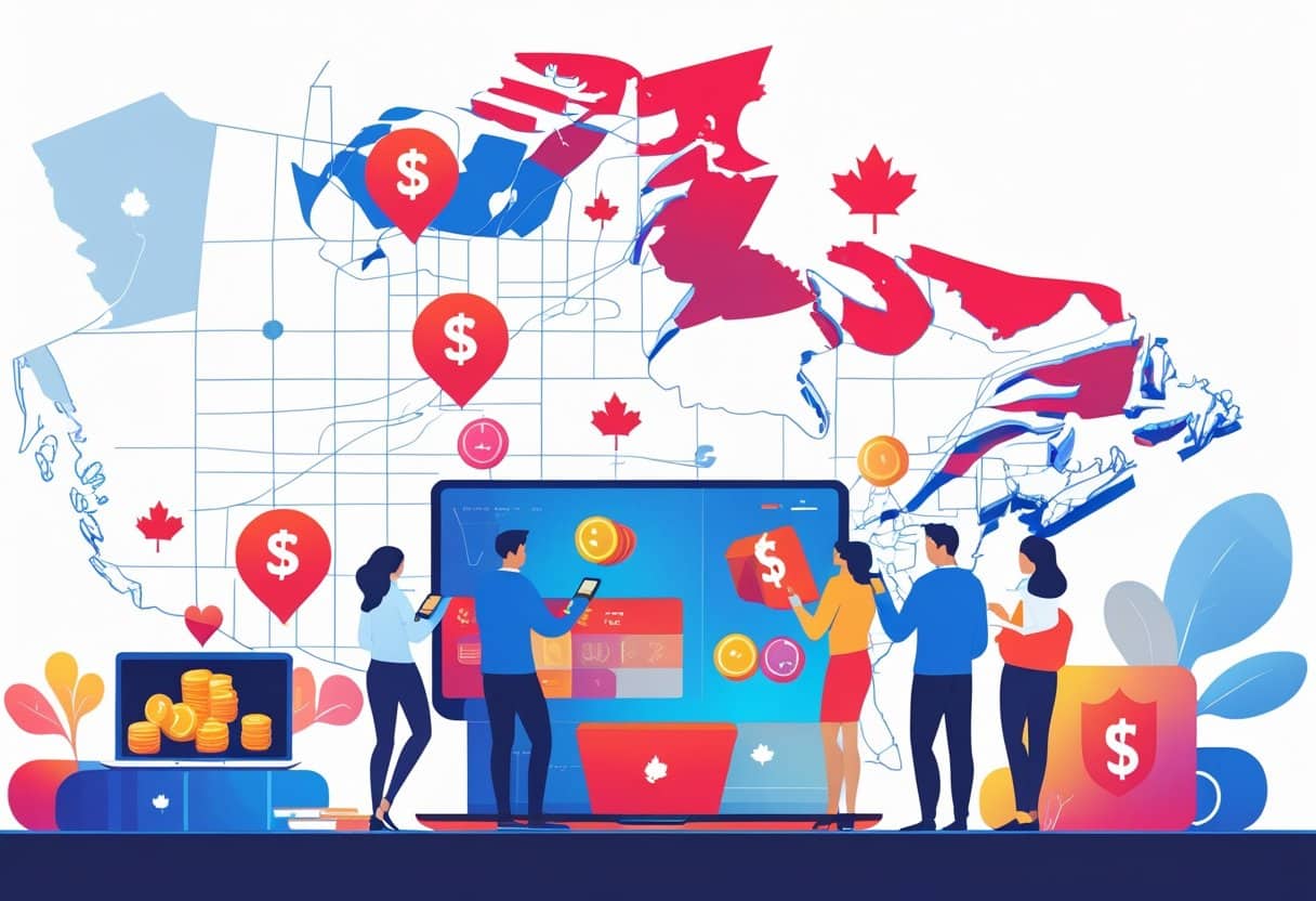 People using digital devices with gambling icons and a background featuring a Canadian map and legal symbols representing online gambling laws.