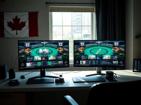 A modern home office desk with two monitors displaying online poker games, a keyboard, coffee mug, mouse, and a Canadian flag hanging on the wall. Sunlight streams through a large window in the background.