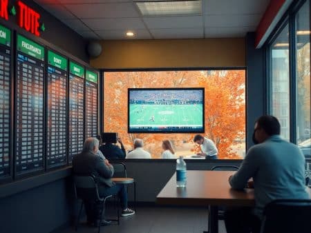 Several people sit inside a betting shop, watching a football game on a wall-mounted TV. Large betting boards and a window with autumn trees outside are visible in the background.