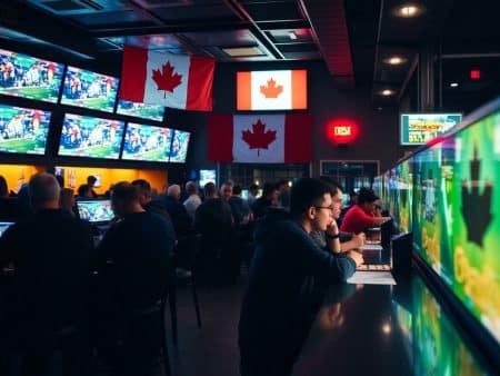 A group of people watch multiple sports games on TV screens in a bar decorated with Canadian flags. The lively indoor setting features dim lighting and a row of people seated at a counter.