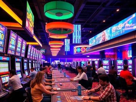 Casino interior with rows of people seated at slot machines and electronic gaming tables, colorful neon lights and digital screens overhead displaying games, jackpots, and advertisements, creating a lively atmosphere.