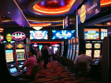 Colorful casino interior with people sitting and playing on rows of brightly lit slot machines. The carpet is patterned, and illuminated signs and screens fill the lively atmosphere.
