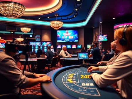 People play cards at gaming tables in a lively casino with bright lights, slot machines, and digital screens in the background. The atmosphere is busy, with players and dealers focused on the games.
