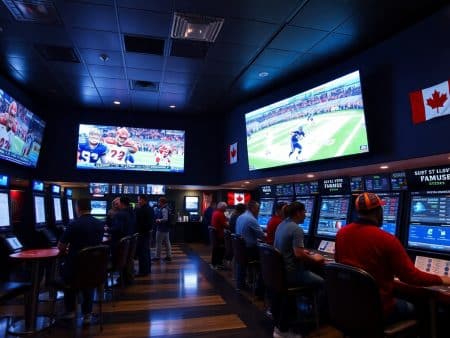 People sitting at betting terminals in a sportsbook lounge, watching multiple large screens showing various football games. Canadian flags are visible on the walls. The room is dimly lit with a lively atmosphere.